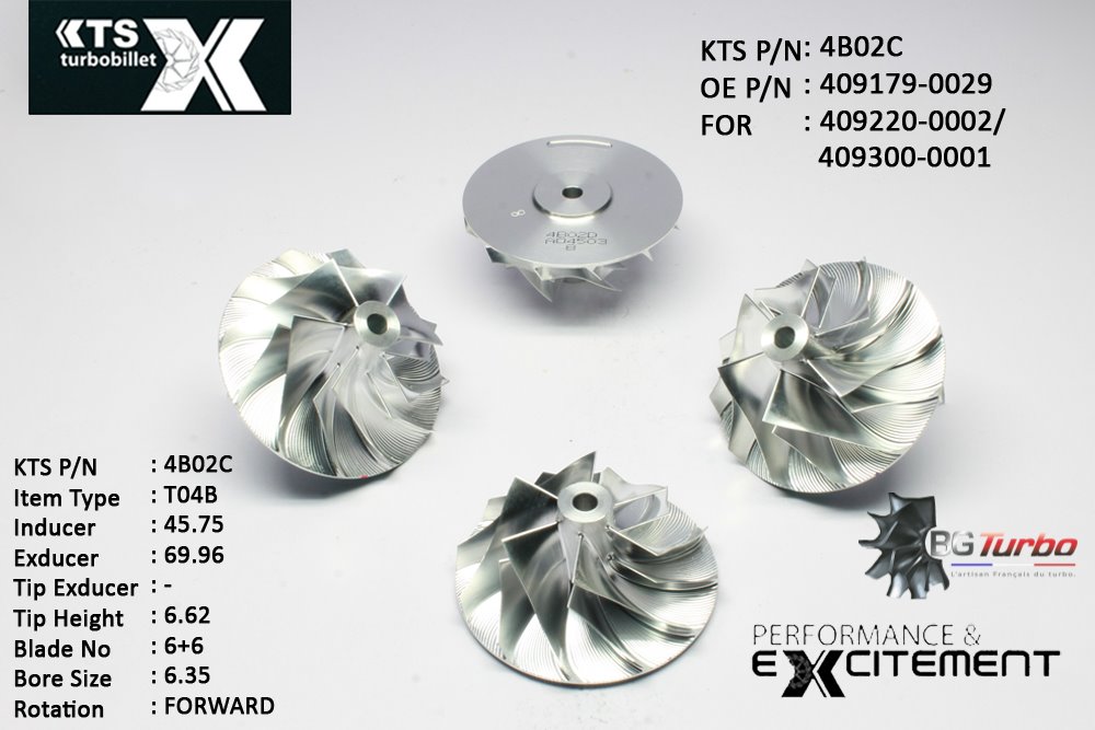 Turbo ROUE FORGÉE MFS PERFORMANCE - 6+6 PALES - INDUCER : 45,75 - EXDUCER : 69,96 - TYPE : T04BANGLE : 50° - ROTATION : Forward - SUPER BACK : 1,68 - BORE SIZE : 6,35
